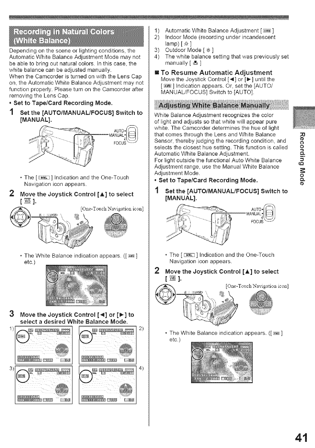 Panasonic PV-GS39, PV-GS29 operating instructions White Balance indication appears. etc, Set to Tape/Card Recording Mode 