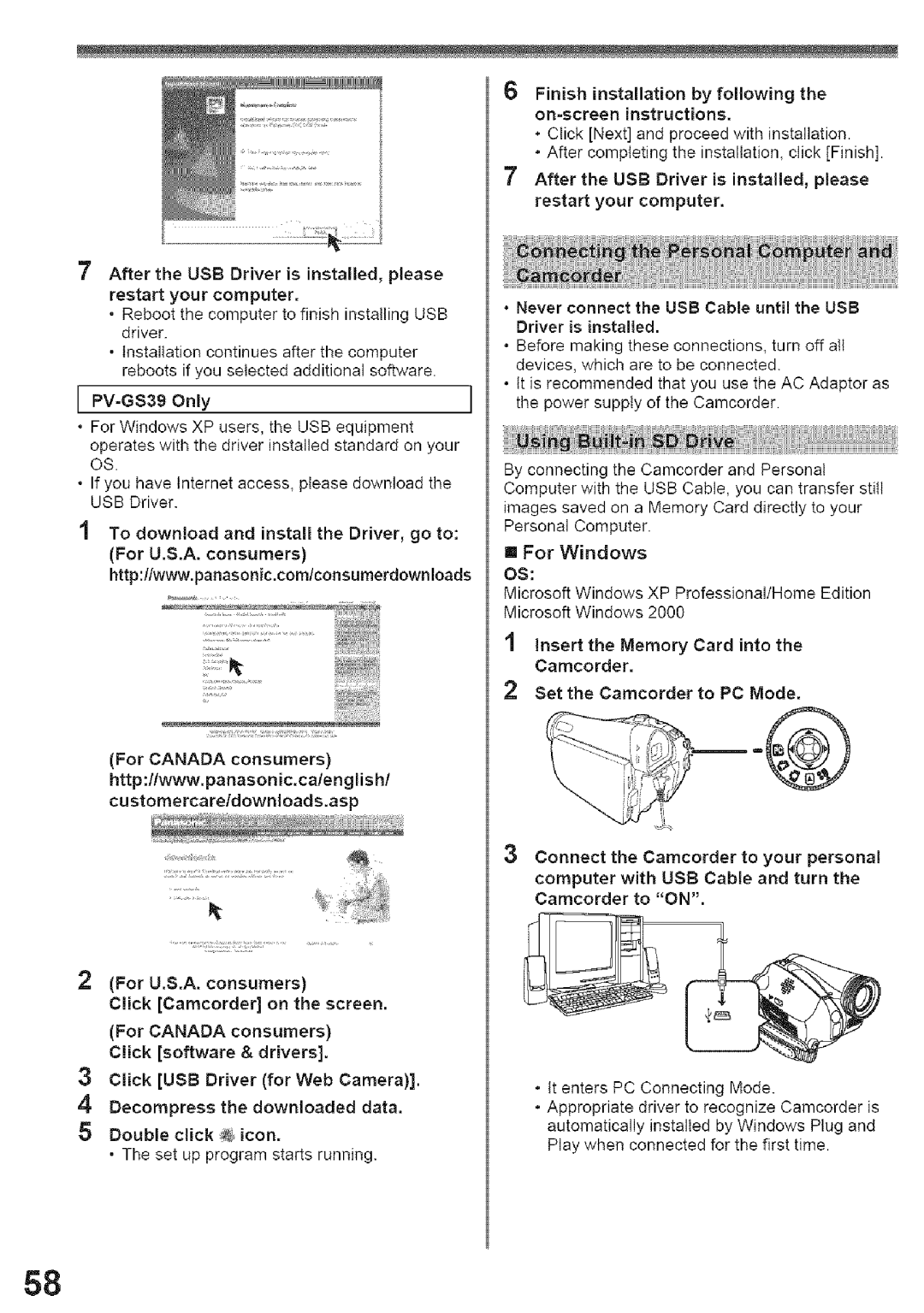 Panasonic PV-GS29, PV-GS39 operating instructions Driver is installed, please, Memory, Camcorder, To PC Mode, Canada 