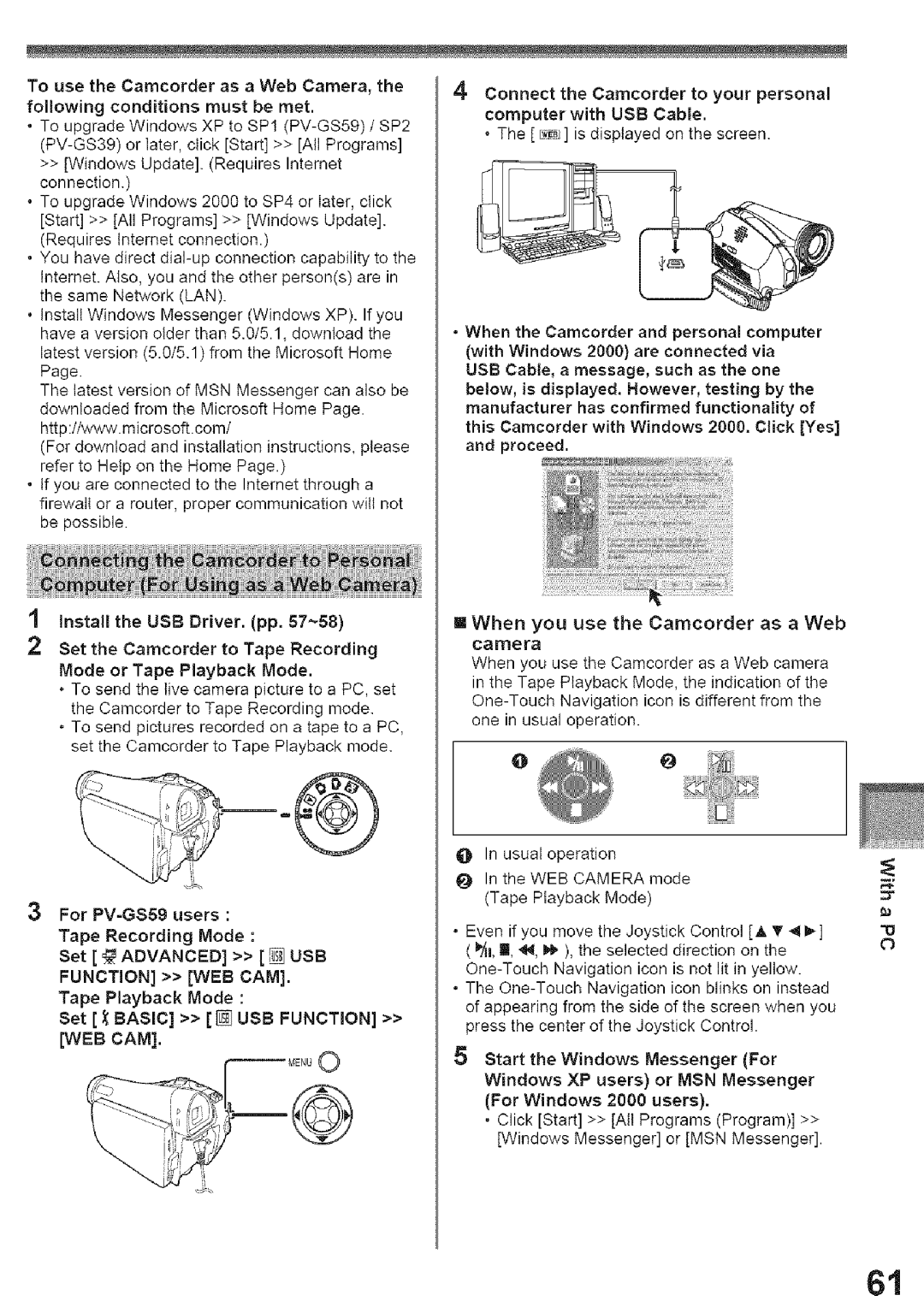 Panasonic PV-GS39, PV-GS29 operating instructions To use the Camcorder as a Web Camera 