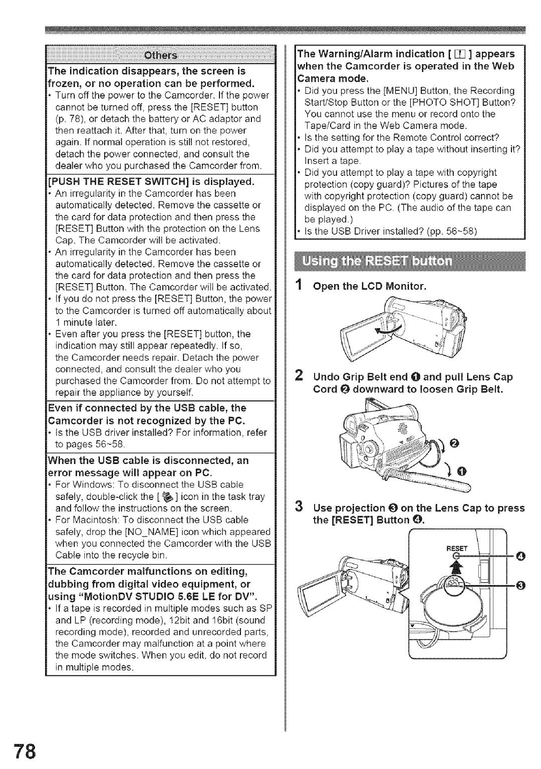 Panasonic PV-GS29, PV-GS39 operating instructions LCD Monitor, Undo Grip Belt, Lens 