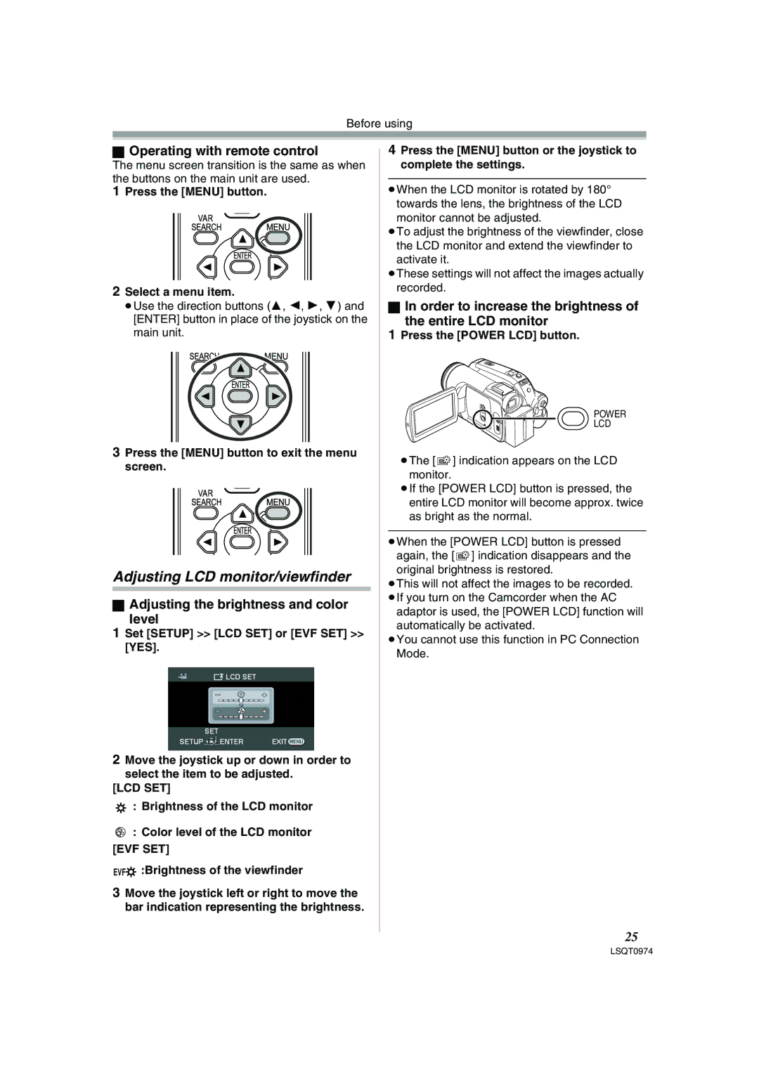 Panasonic PV-GS300 operating instructions Adjusting LCD monitor/viewfinder, Operating with remote control 