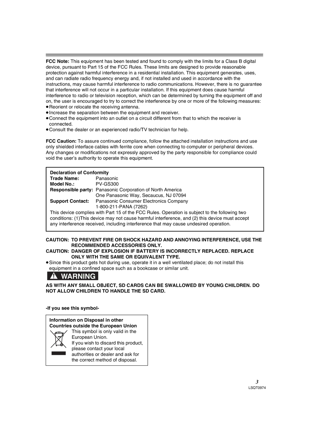 Panasonic PV-GS300 operating instructions This symbol is only valid in the European Union 