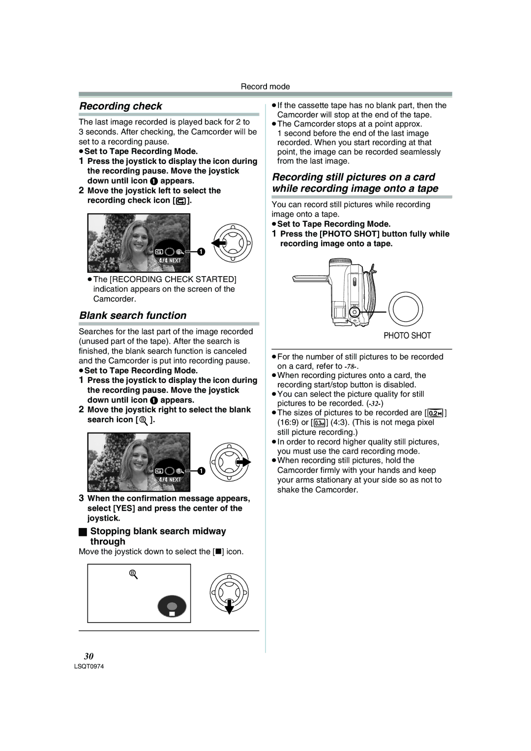 Panasonic PV-GS300 operating instructions Recording check, Blank search function, Stopping blank search midway Through 