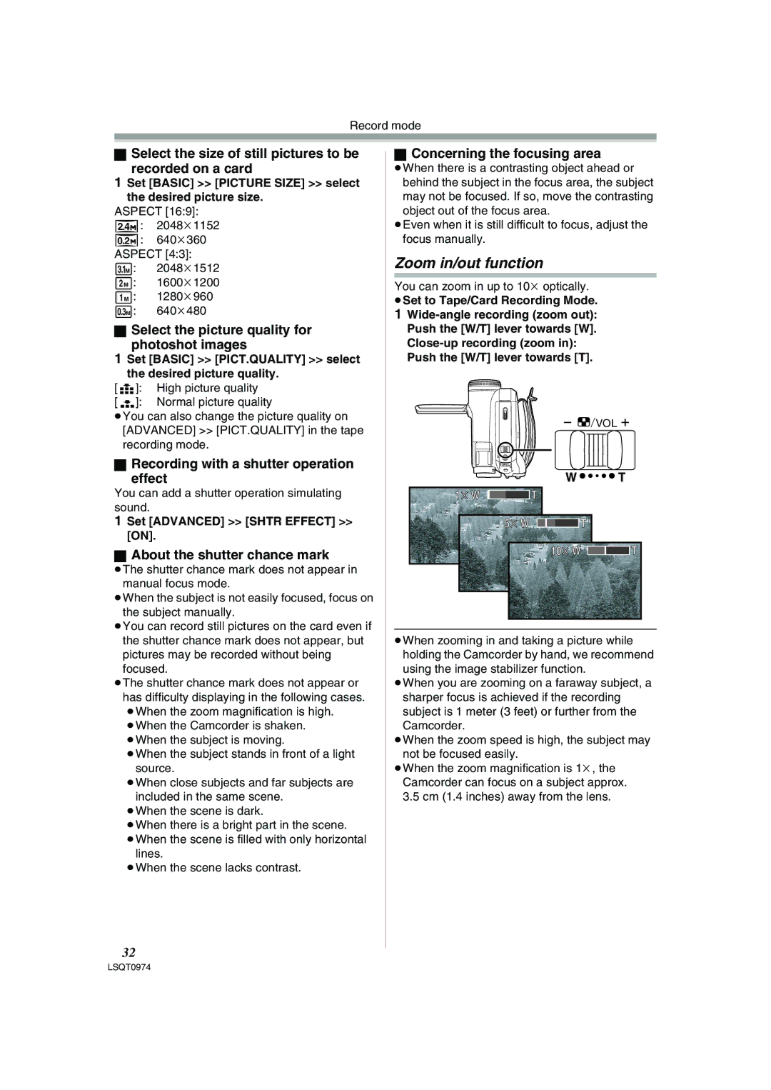 Panasonic PV-GS300 operating instructions Zoom in/out function 