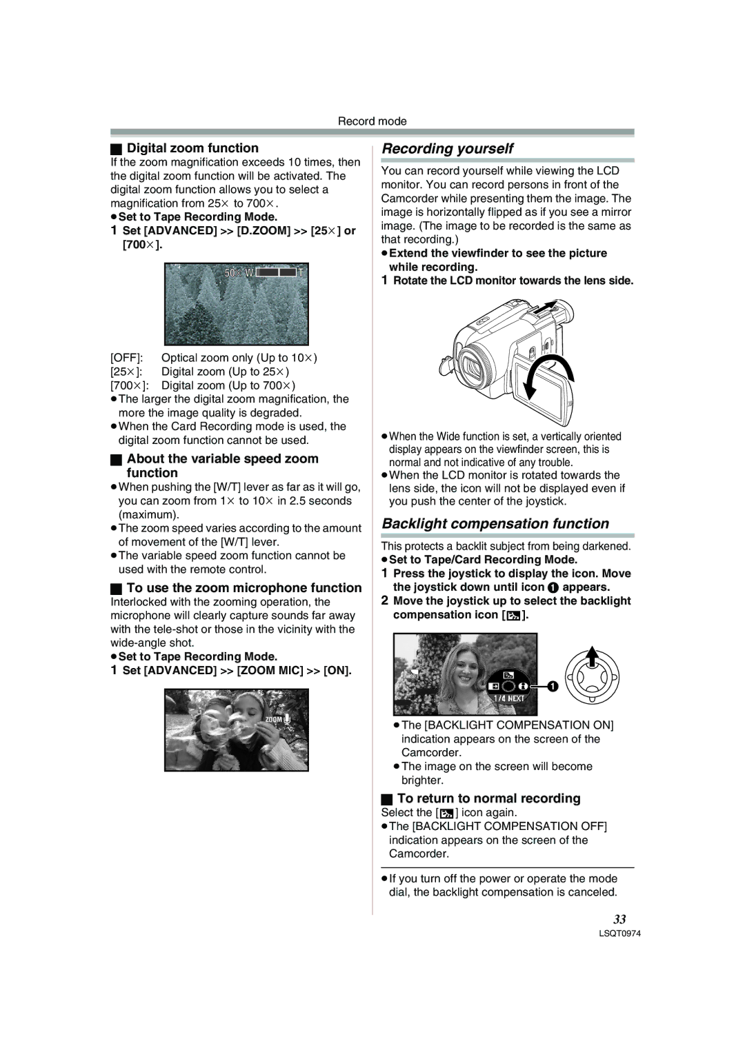 Panasonic PV-GS300 operating instructions Recording yourself, Backlight compensation function 