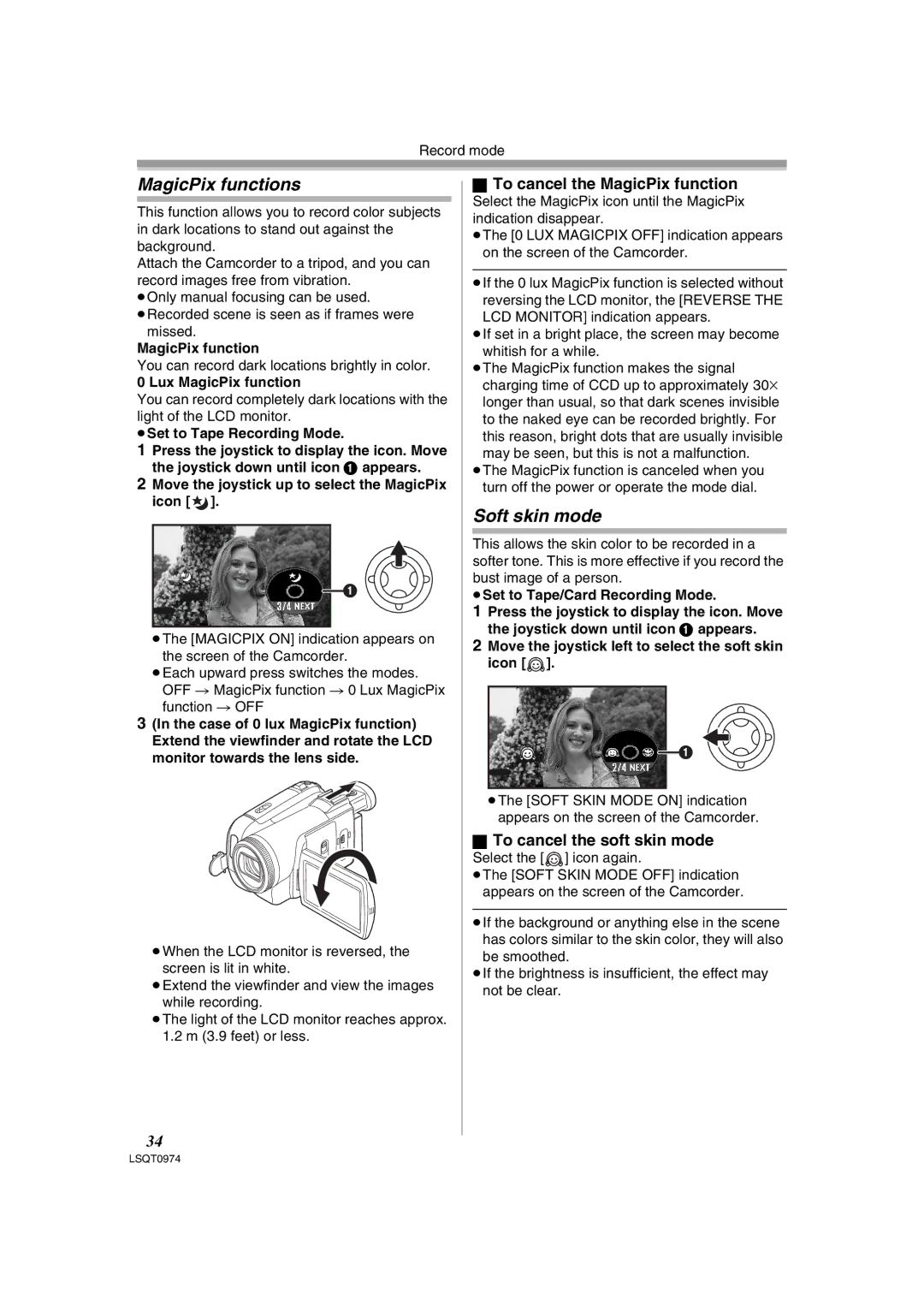 Panasonic PV-GS300 MagicPix functions, Soft skin mode, To cancel the MagicPix function, To cancel the soft skin mode 