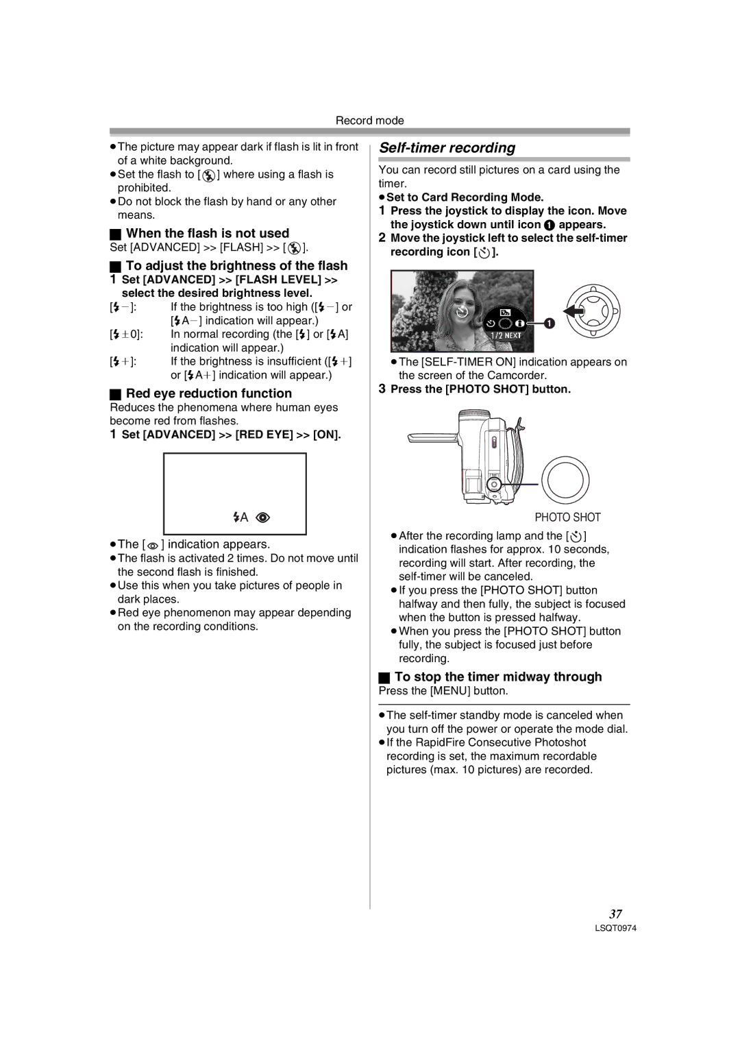 Panasonic PV-GS300 operating instructions Self-timer recording, When the flash is not used, Red eye reduction function 