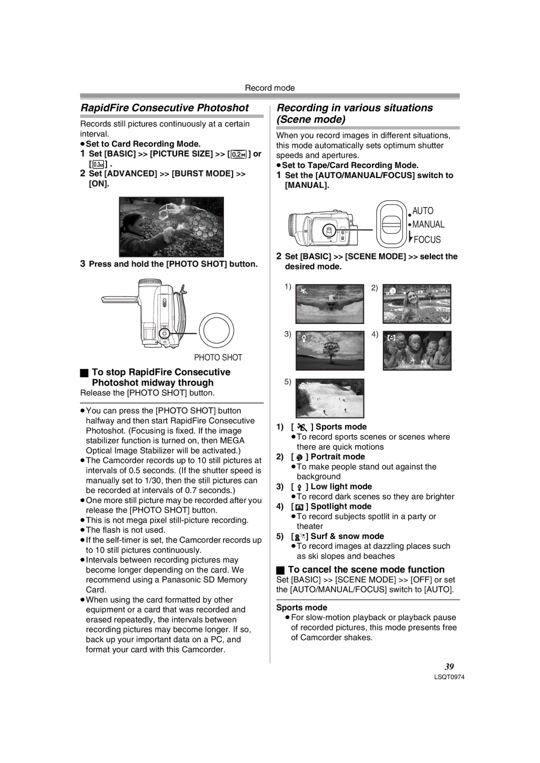 Panasonic PV-GS300 operating instructions RapidFire Consecutive Photoshot, Recording in various situations Scene mode 