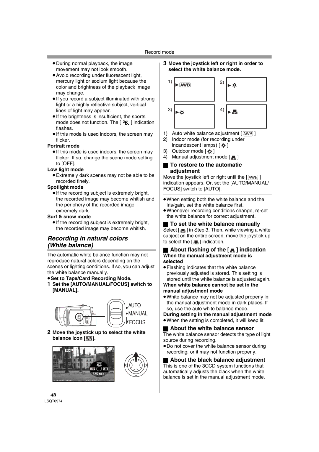 Panasonic PV-GS300 operating instructions Recording in natural colors White balance 