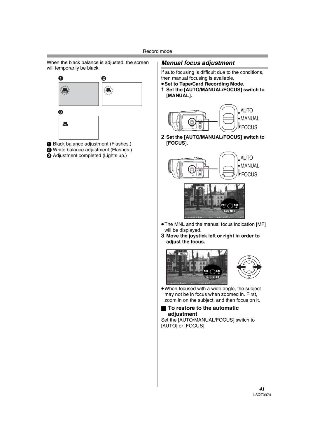 Panasonic PV-GS300 operating instructions Manual focus adjustment, Set the AUTO/MANUAL/FOCUS switch to Focus 