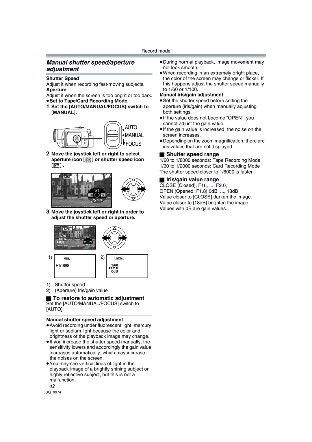 Panasonic PV-GS300 Manual shutter speed/aperture adjustment, Shutter speed range, Iris/gain value range 