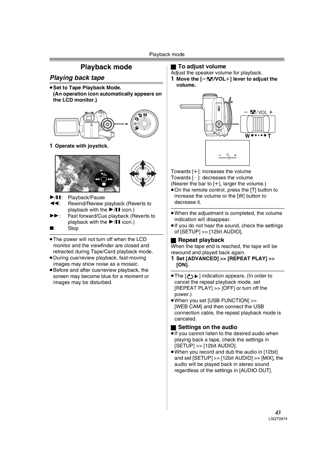 Panasonic PV-GS300 operating instructions Playing back tape, To adjust volume, Repeat playback, Settings on the audio 