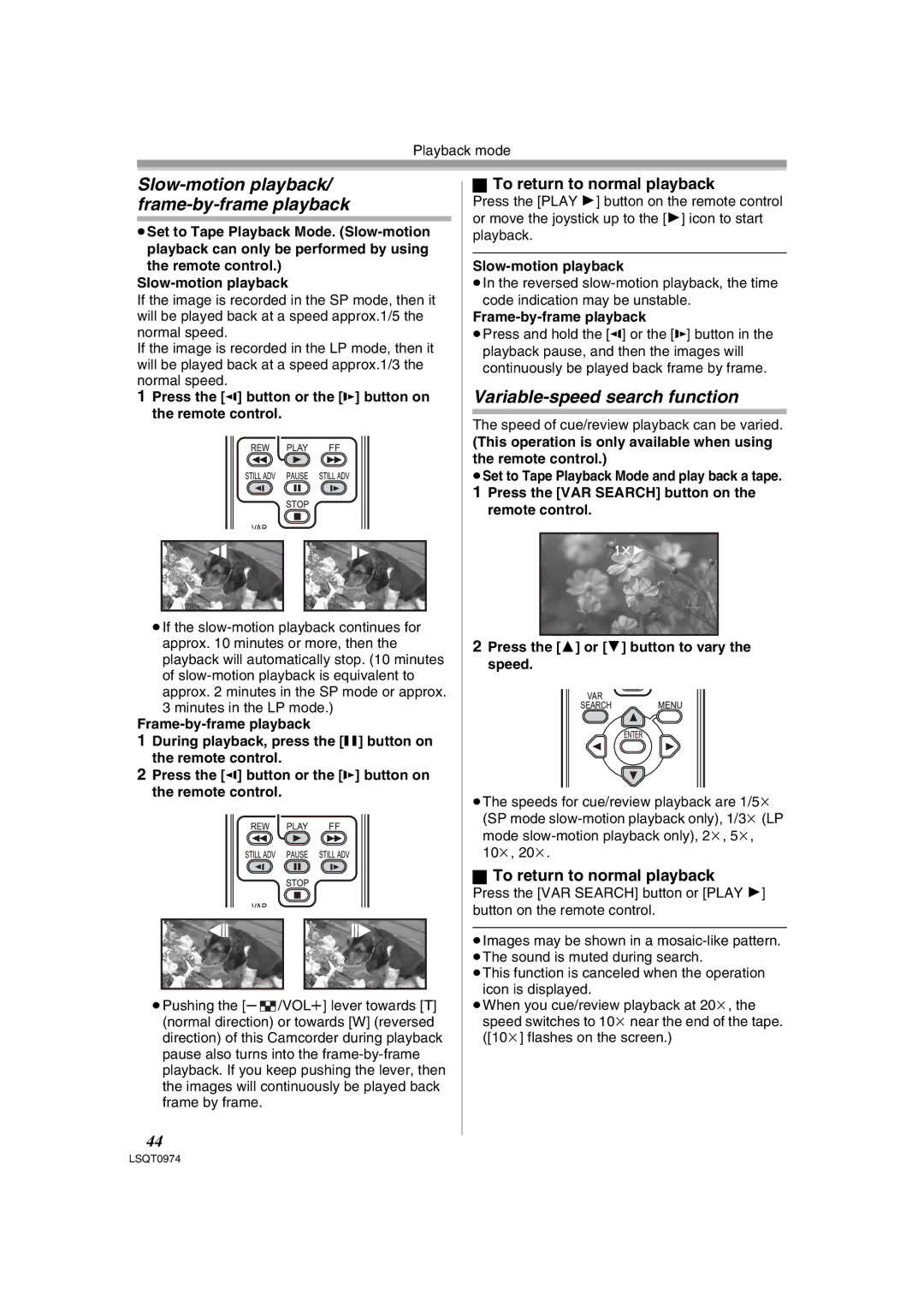 Panasonic PV-GS300 operating instructions Slow-motion playback/ frame-by-frame playback, Variable-speed search function 