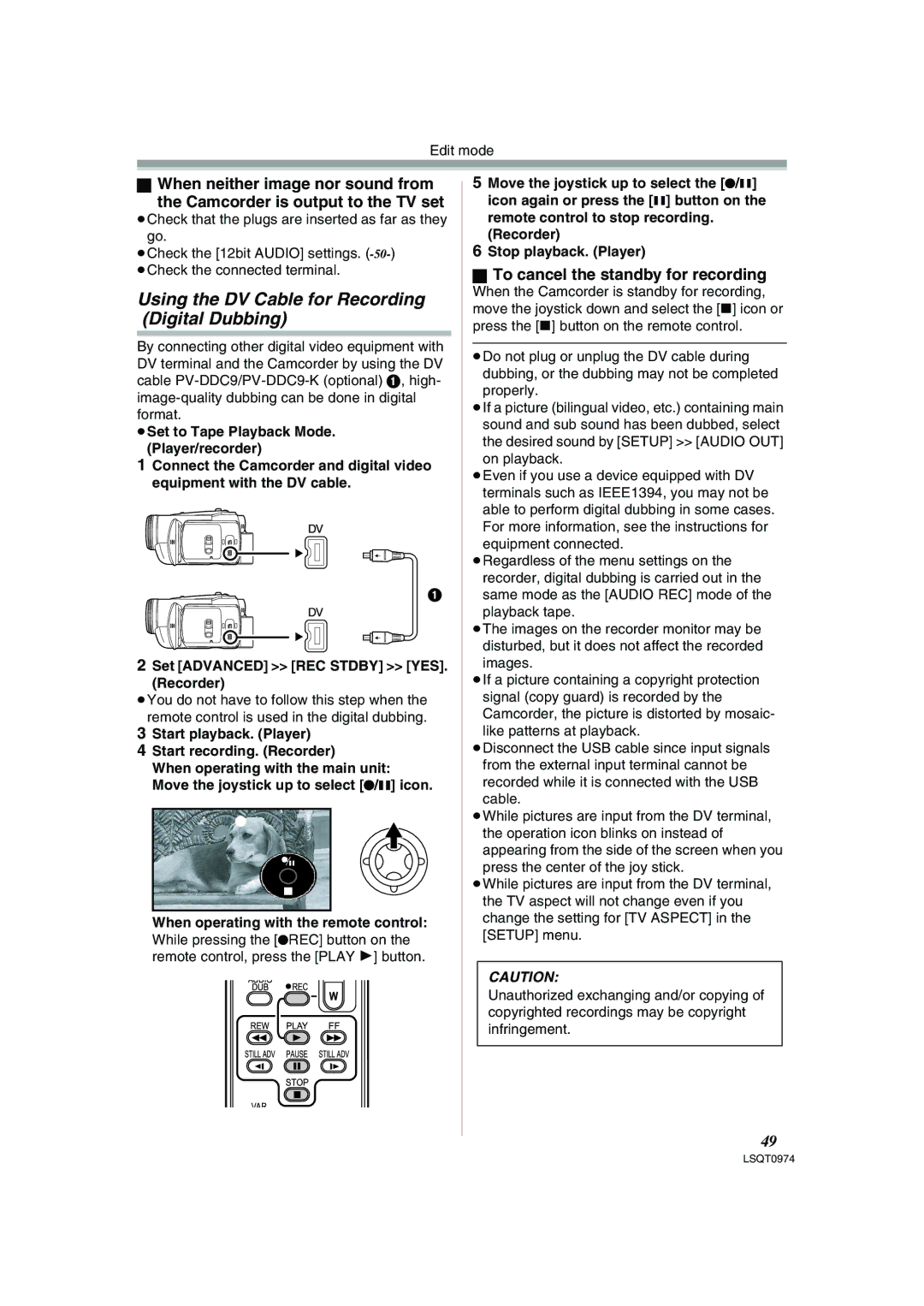 Panasonic PV-GS300 Using the DV Cable for Recording Digital Dubbing, To cancel the standby for recording 