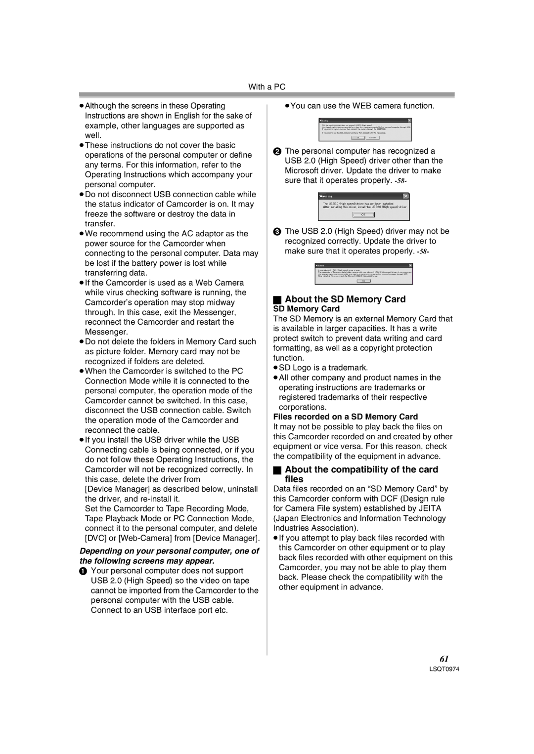 Panasonic PV-GS300 About the SD Memory Card, About the compatibility of the card Files, Files recorded on a SD Memory Card 