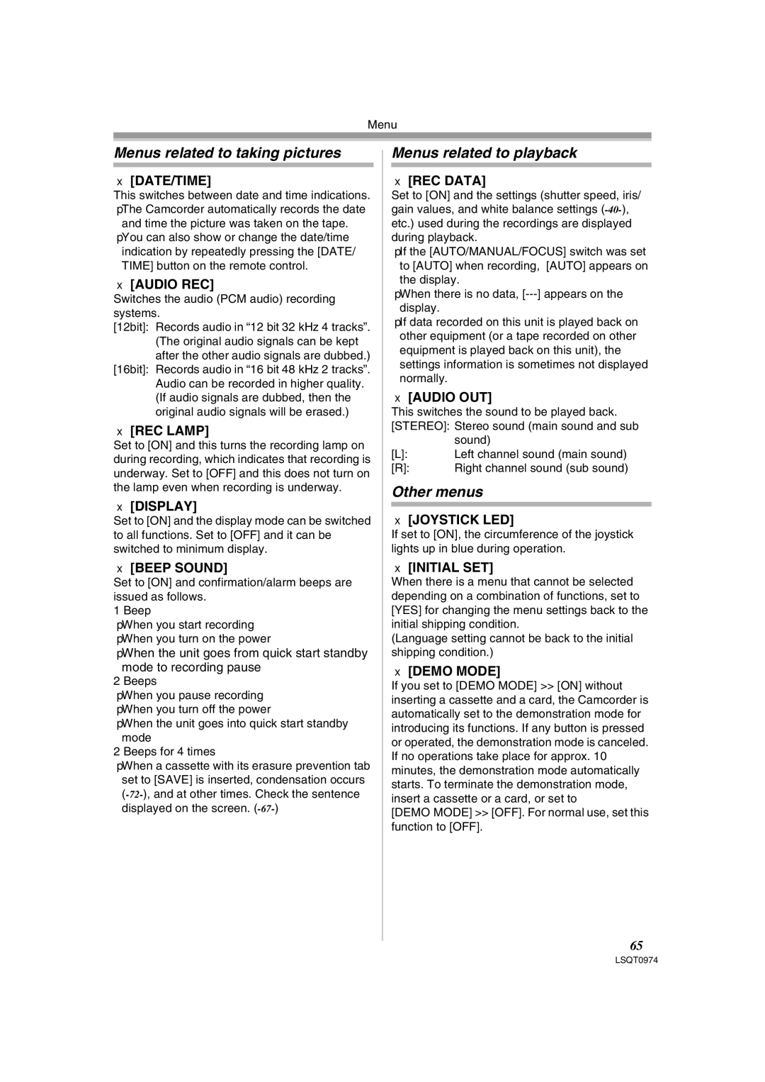 Panasonic PV-GS300 operating instructions Menus related to taking pictures, Menus related to playback, Other menus 