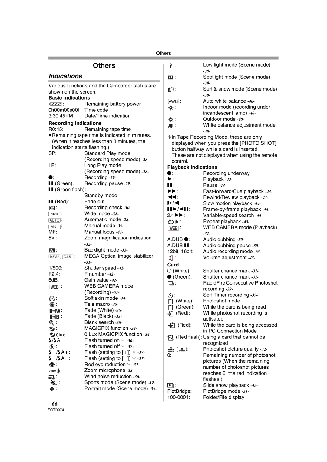 Panasonic PV-GS300 operating instructions Indications, Basic indications, Recording indications, Playback indications, Card 