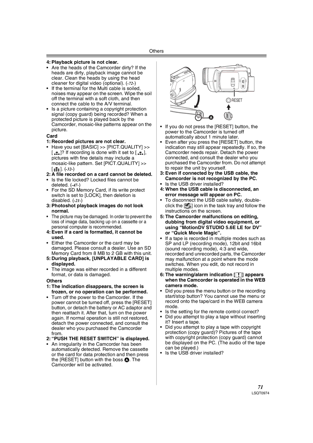 Panasonic PV-GS300 operating instructions Playback picture is not clear, Card Recorded pictures are not clear, Others 