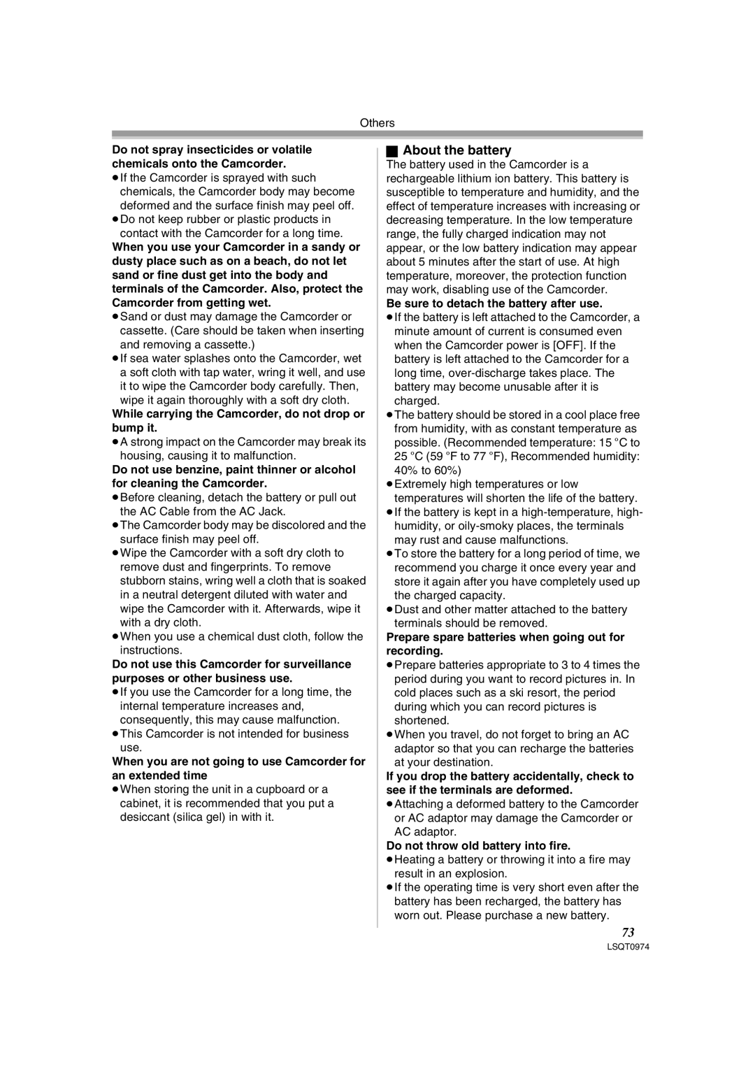 Panasonic PV-GS300 operating instructions About the battery, While carrying the Camcorder, do not drop or bump it 