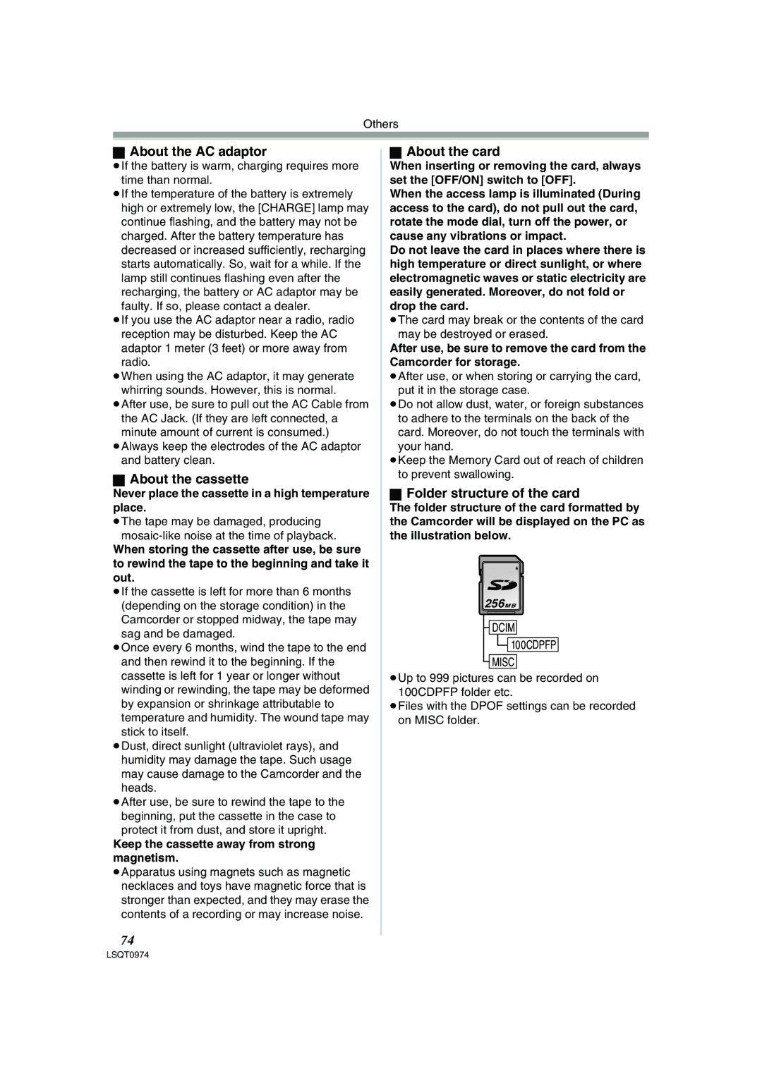 Panasonic PV-GS300 About the AC adaptor, About the cassette, About the card, Folder structure of the card 