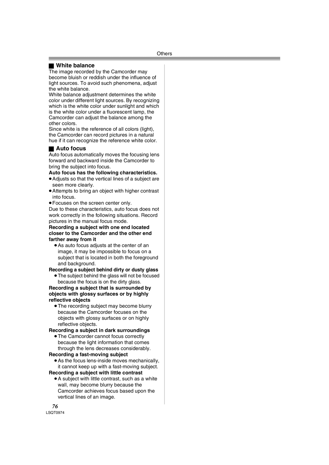 Panasonic PV-GS300 operating instructions White balance, Auto focus 