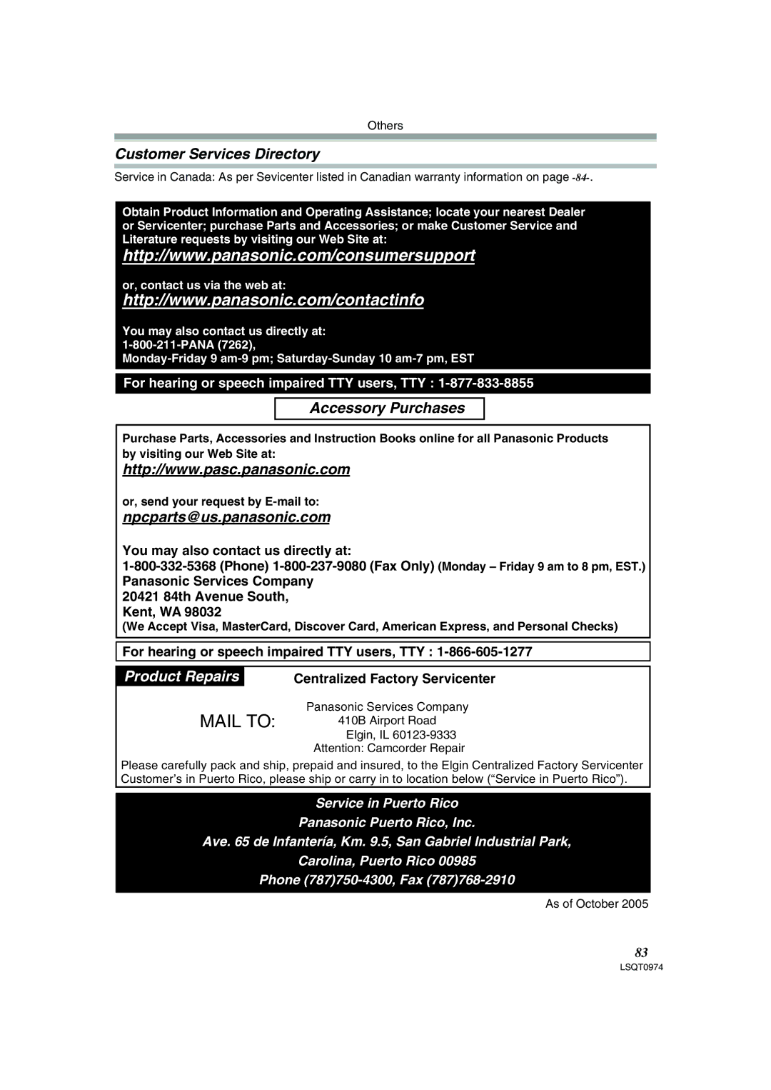 Panasonic PV-GS300 operating instructions Customer Services Directory, Accessory Purchases, Npcparts@us.panasonic.com 