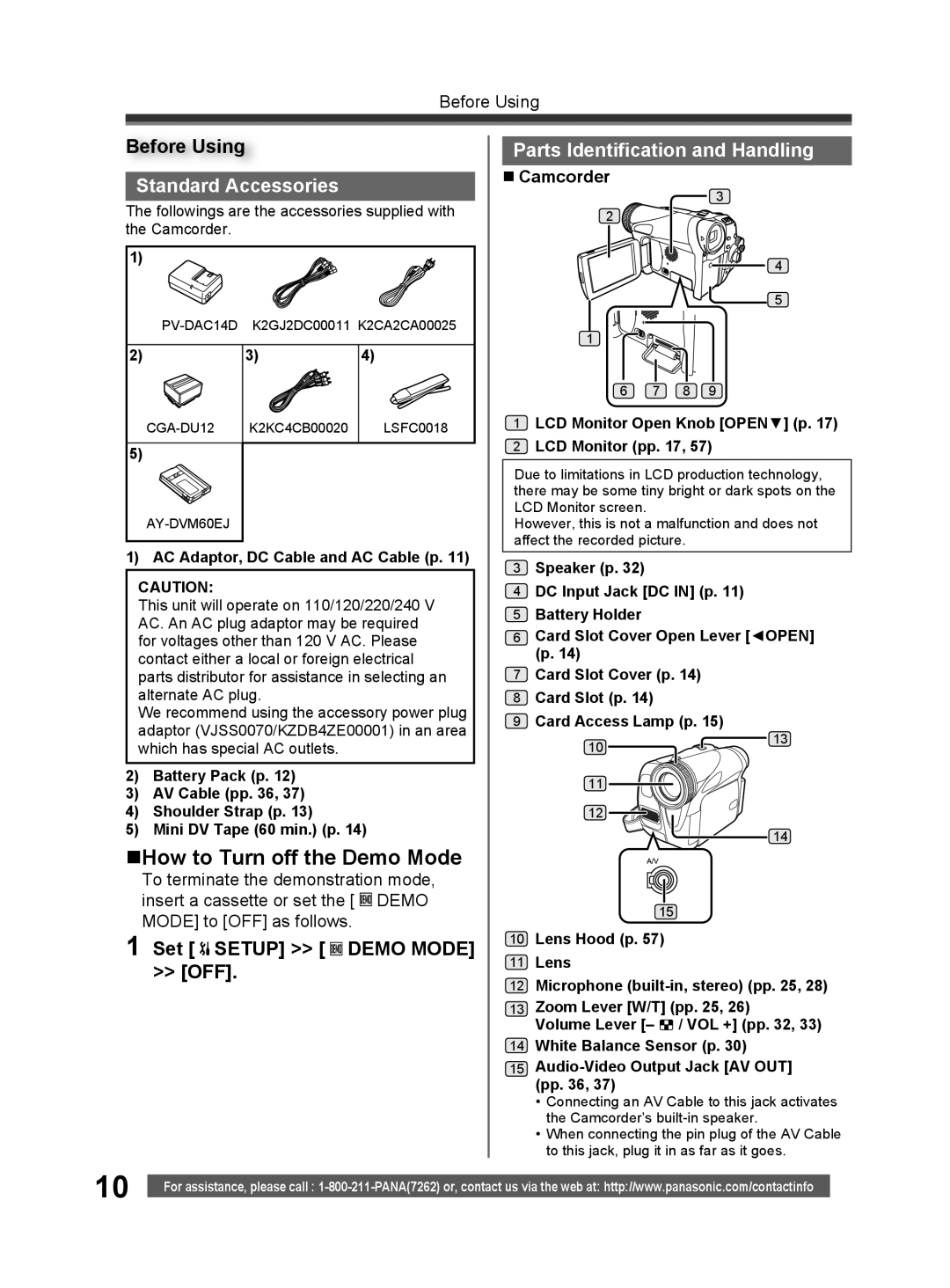 Panasonic PV-GS32 operating instructions Standard Accessories, Parts Identification and Handling, „ Camcorder 