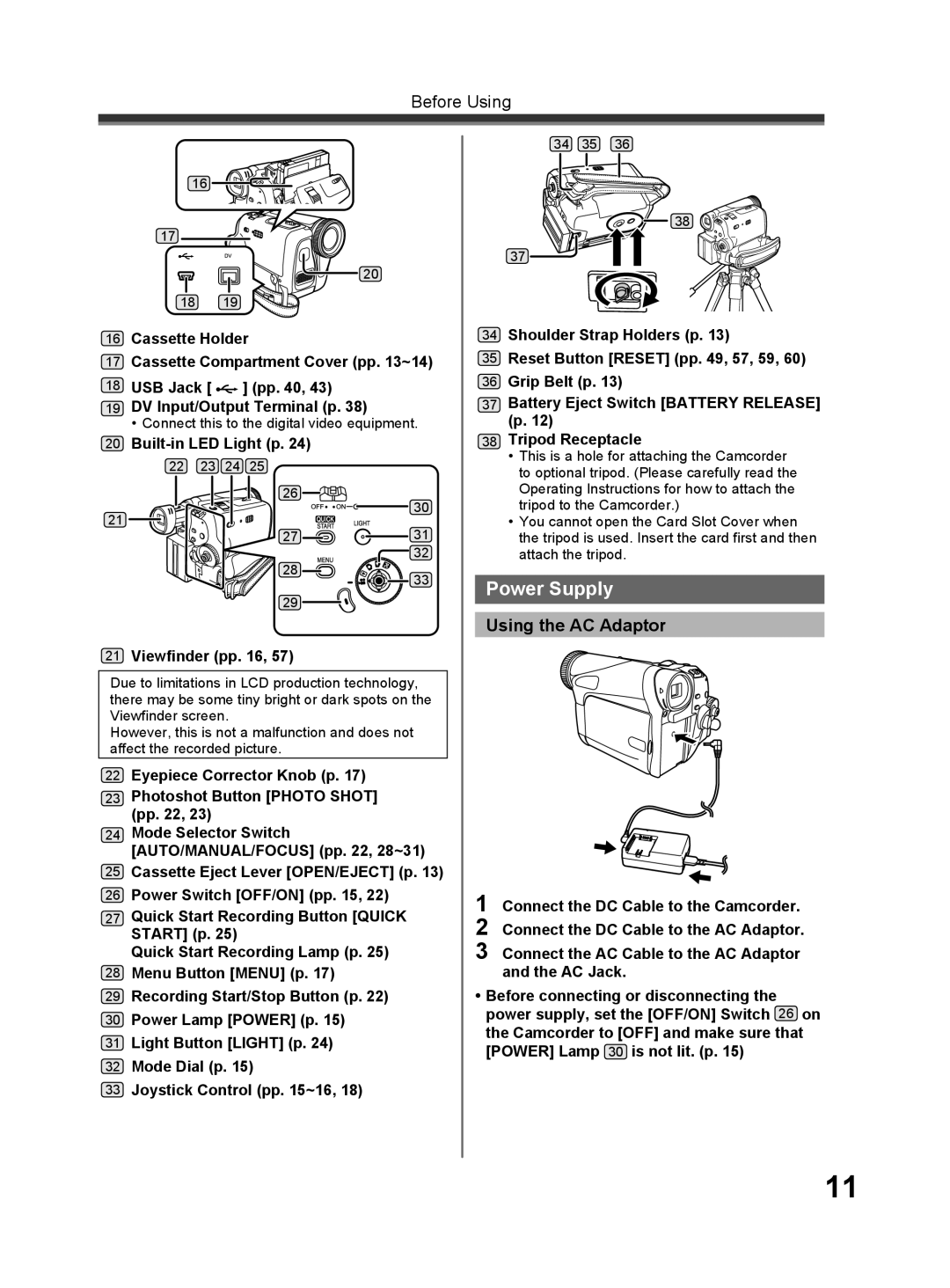 Panasonic PV-GS32 operating instructions Power Supply, Using the AC Adaptor, Built-in LED Light p, Viewfinder pp 