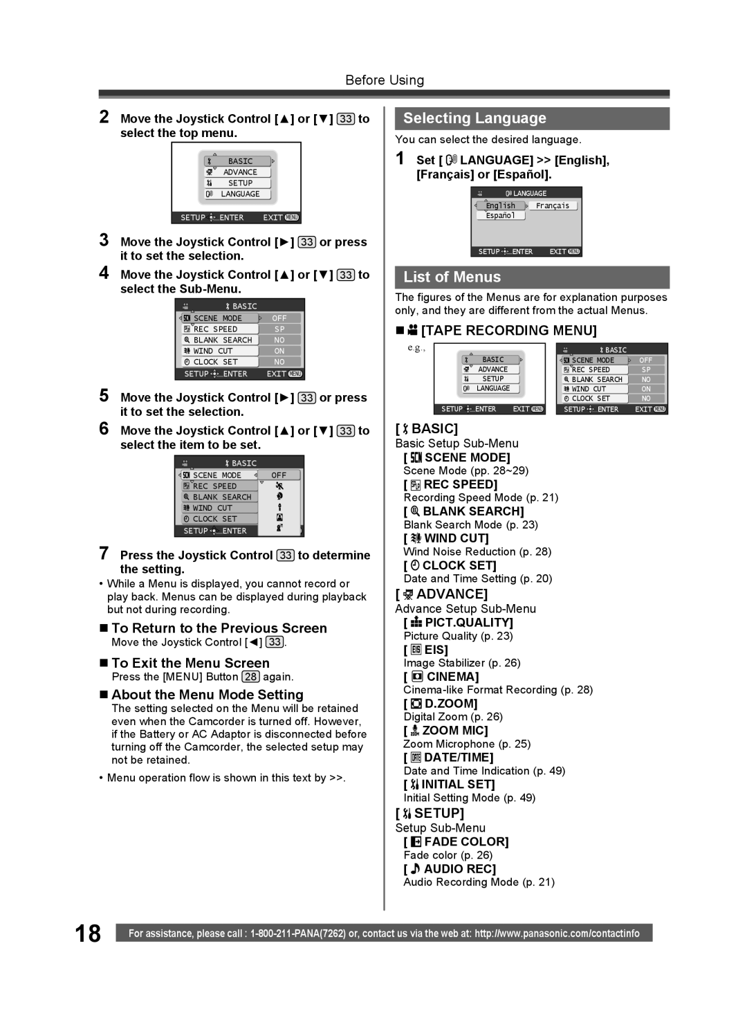 Panasonic PV-GS32 operating instructions Selecting Language, List of Menus 