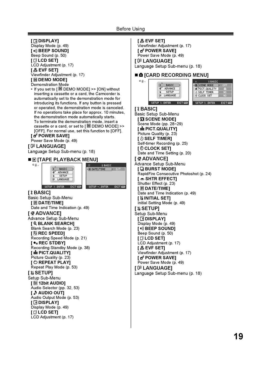 Panasonic PV-GS32 operating instructions Lcd Set, Evf Set, 12bit Audio 