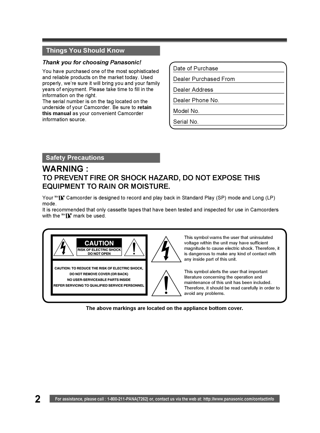 Panasonic PV-GS32 Things You Should Know, Safety Precautions, Above markings are located on the appliance bottom cover 