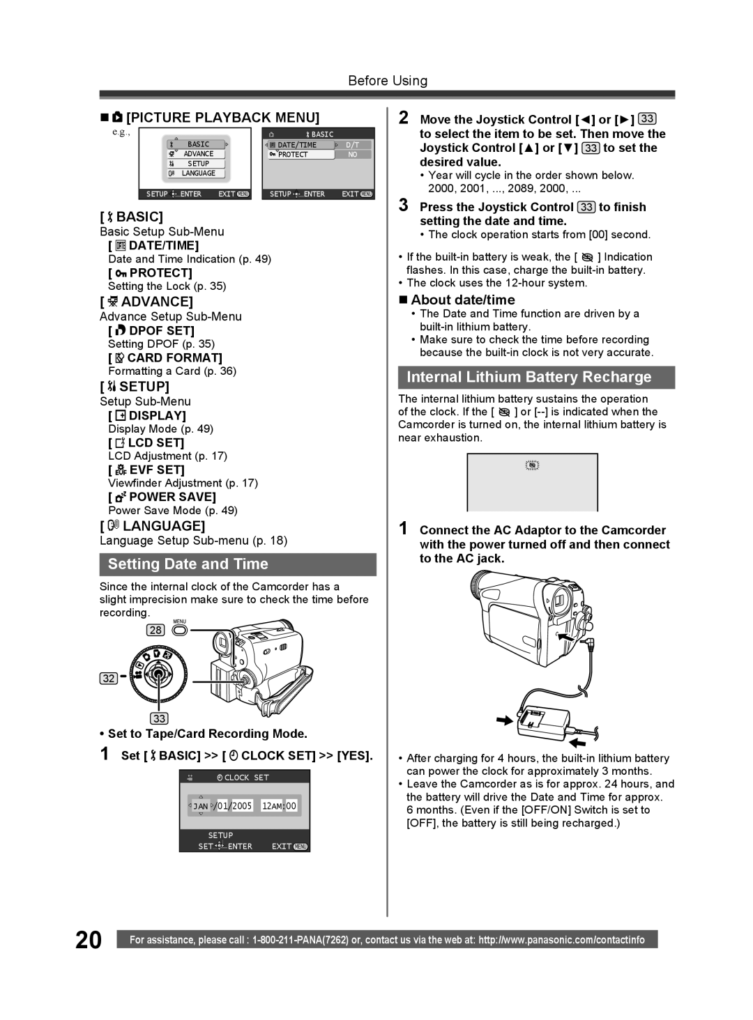 Panasonic PV-GS32 operating instructions Setting Date and Time, Internal Lithium Battery Recharge, „ About date/time 