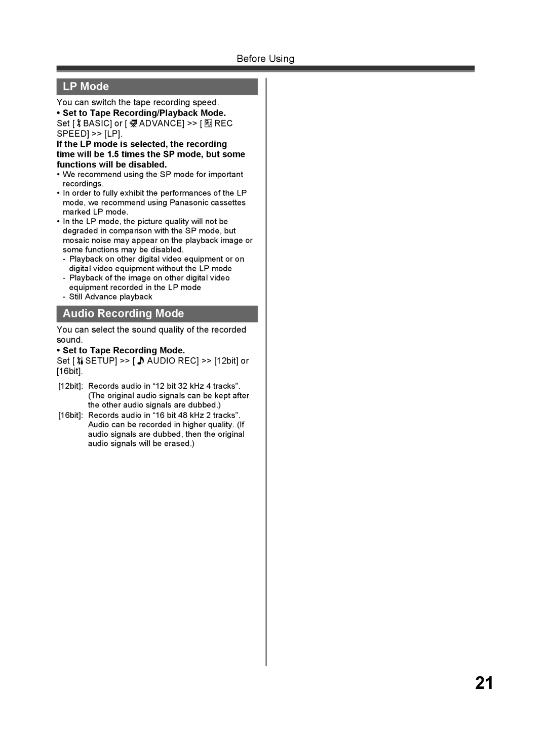 Panasonic PV-GS32 operating instructions LP Mode, Audio Recording Mode, Set to Tape Recording Mode, Still Advance playback 