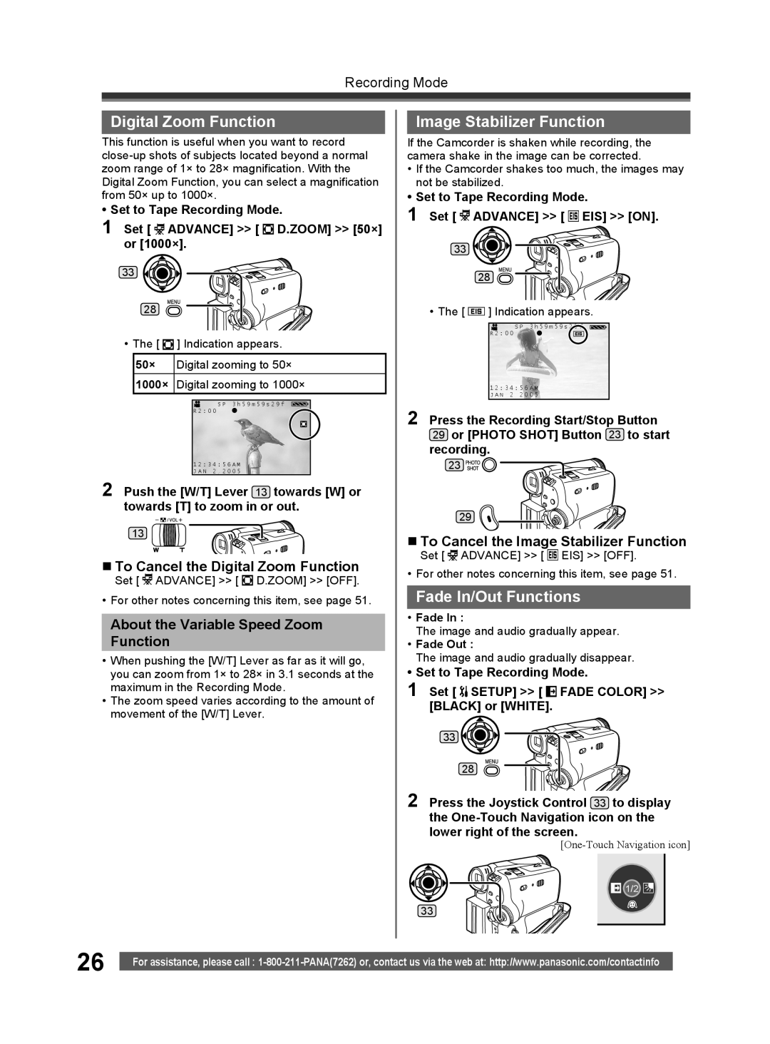 Panasonic PV-GS32 operating instructions Digital Zoom Function, Image Stabilizer Function, Fade In/Out Functions 