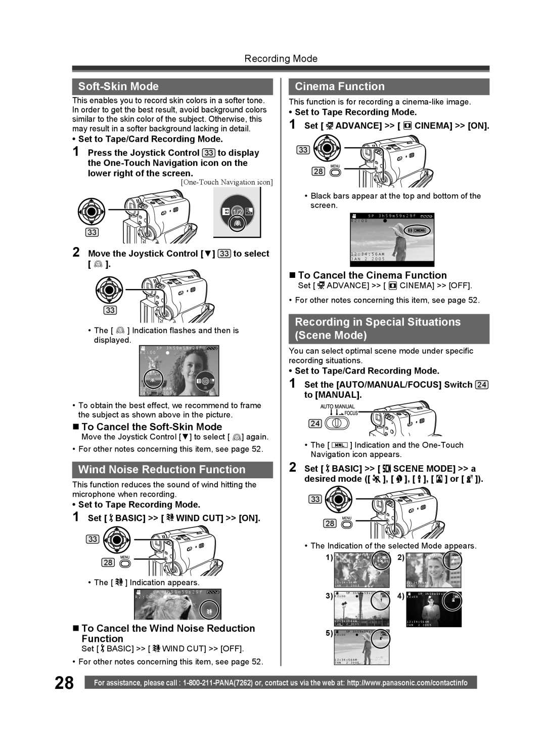 Panasonic PV-GS32 operating instructions Soft-Skin Mode, Wind Noise Reduction Function, Cinema Function 