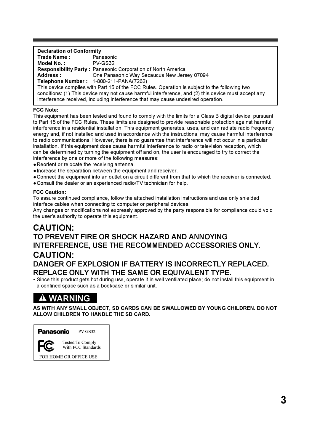 Panasonic PV-GS32 operating instructions Telephone Number PANA7262, FCC Note, FCC Caution 