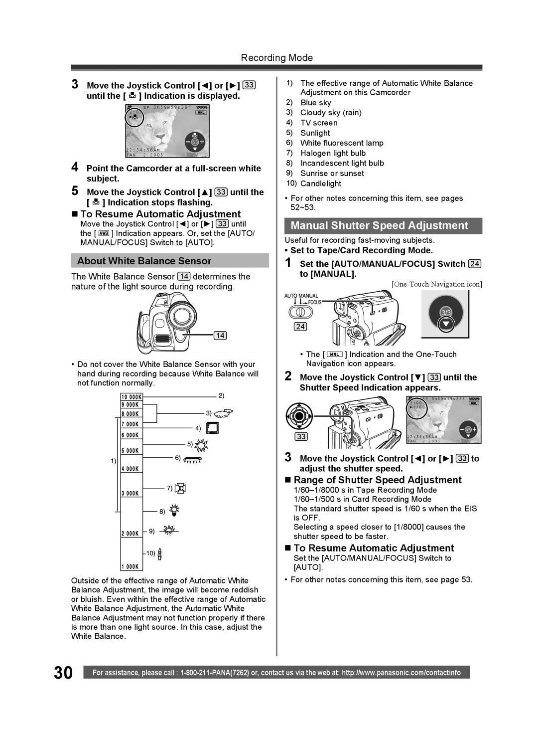 Panasonic PV-GS32 Manual Shutter Speed Adjustment, About White Balance Sensor, „ Range of Shutter Speed Adjustment 