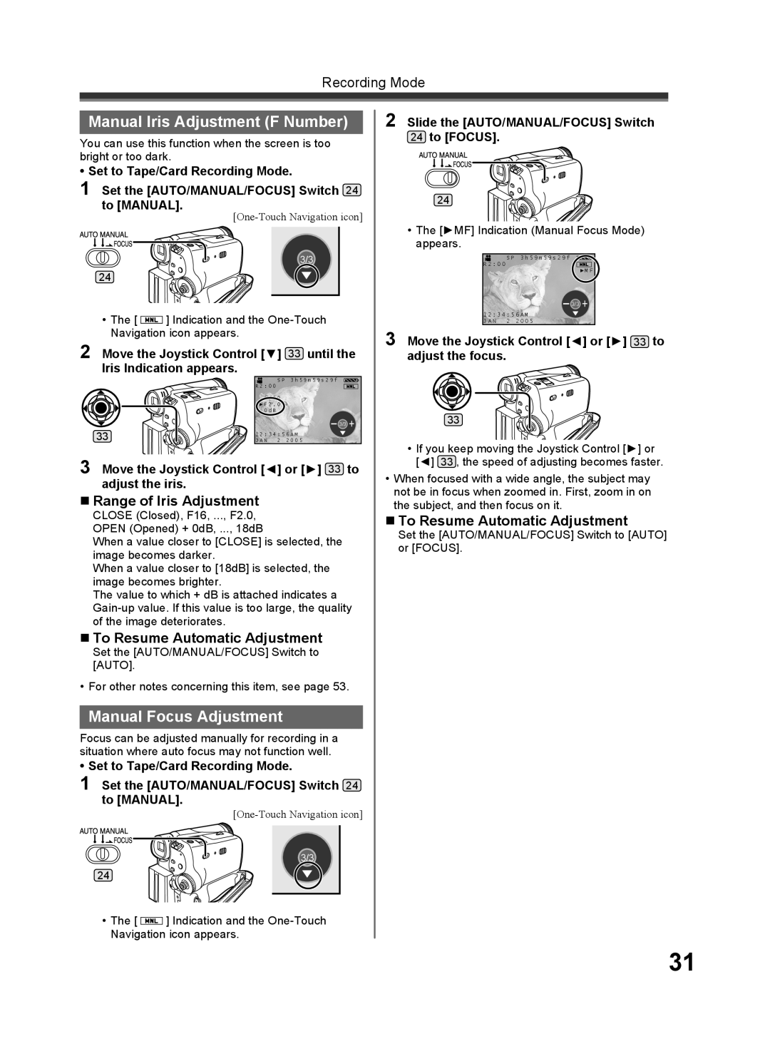 Panasonic PV-GS32 Manual Iris Adjustment F Number, Manual Focus Adjustment, „ Range of Iris Adjustment 