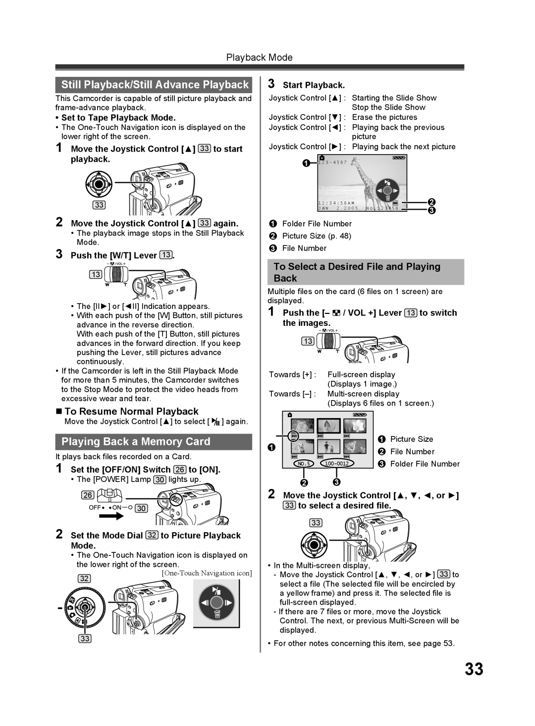 Panasonic PV-GS32 Still Playback/Still Advance Playback, Playing Back a Memory Card, „ To Resume Normal Playback 