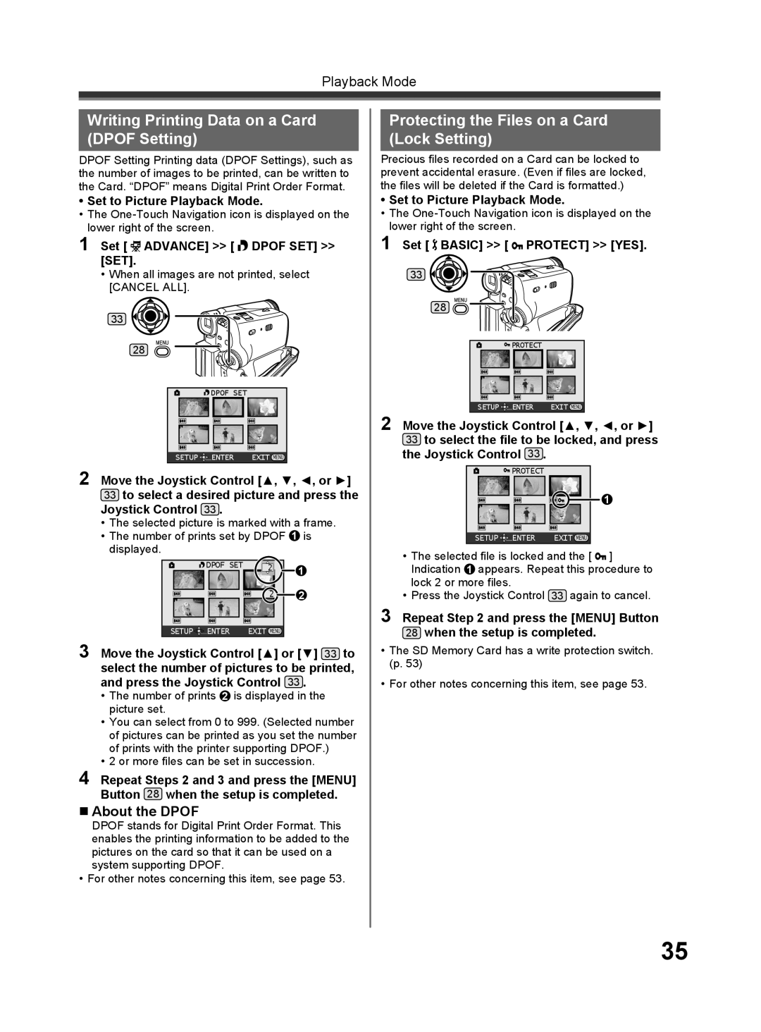 Panasonic PV-GS32 Writing Printing Data on a Card Dpof Setting, Protecting the Files on a Card Lock Setting 