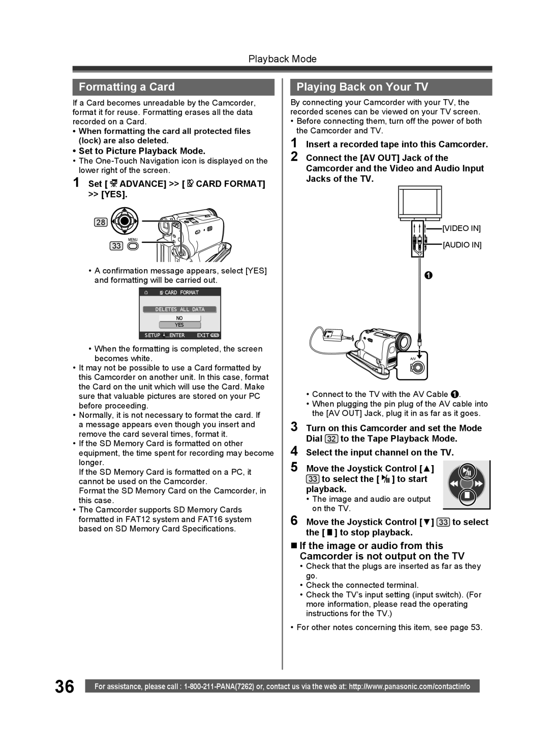 Panasonic PV-GS32 operating instructions Formatting a Card, Playing Back on Your TV, Set Advance Card Format YES 