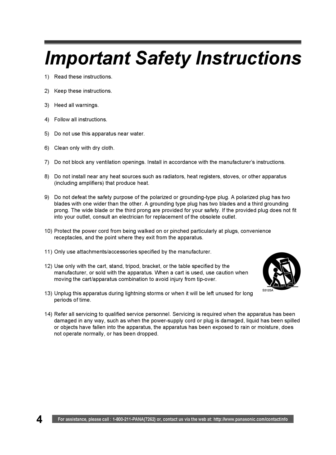 Panasonic PV-GS32 operating instructions Important Safety Instructions 