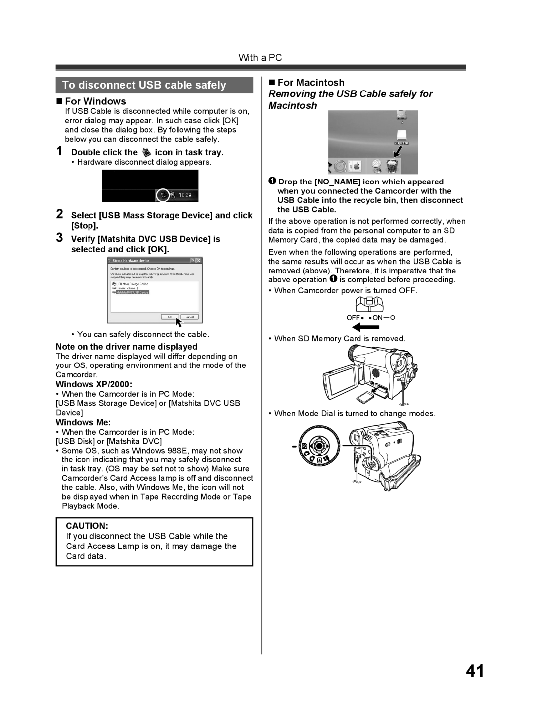 Panasonic PV-GS32 operating instructions To disconnect USB cable safely, Double click, Windows XP/2000, Windows Me 