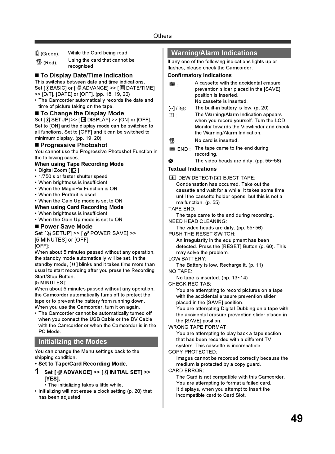 Panasonic PV-GS32 Initializing the Modes, „ To Display Date/Time Indication, „ To Change the Display Mode 