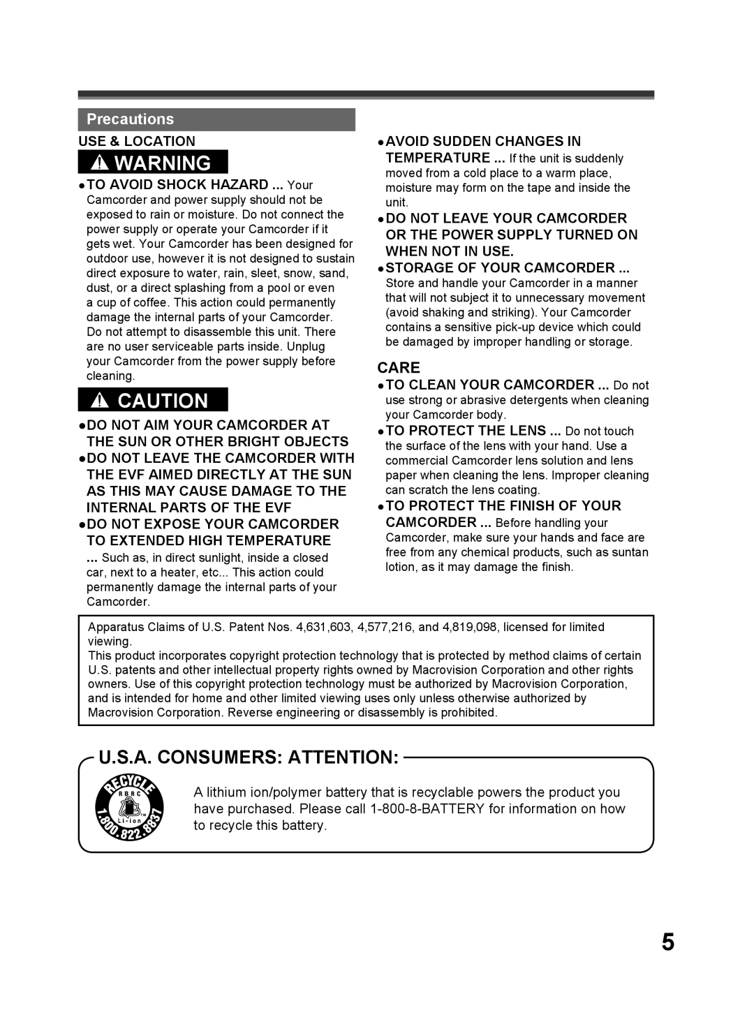 Panasonic PV-GS32 operating instructions Precautions, USE & Location 