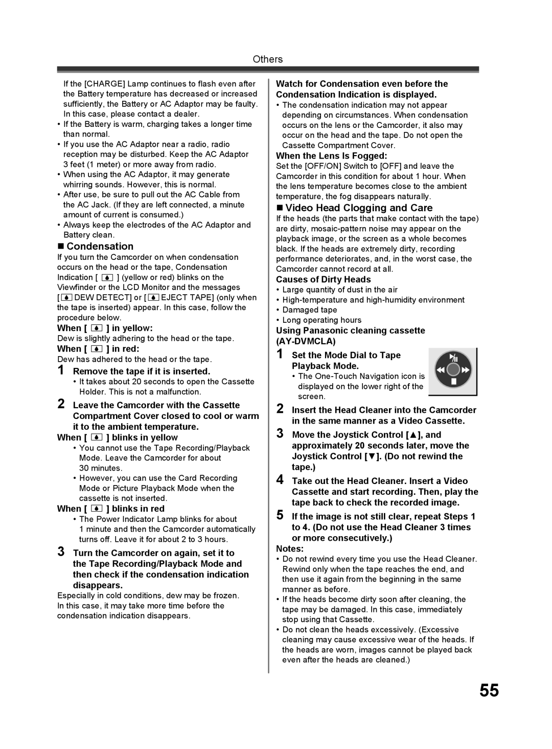 Panasonic PV-GS32 operating instructions „ Condensation, „ Video Head Clogging and Care 