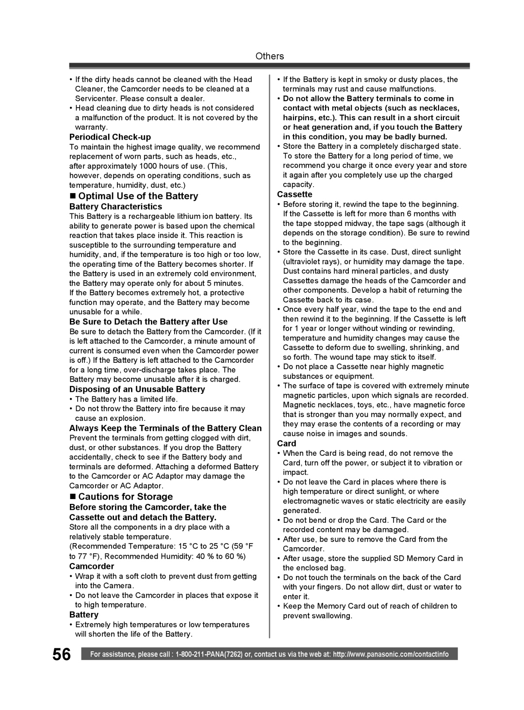 Panasonic PV-GS32 operating instructions „ Optimal Use of the Battery, „ Cautions for Storage 