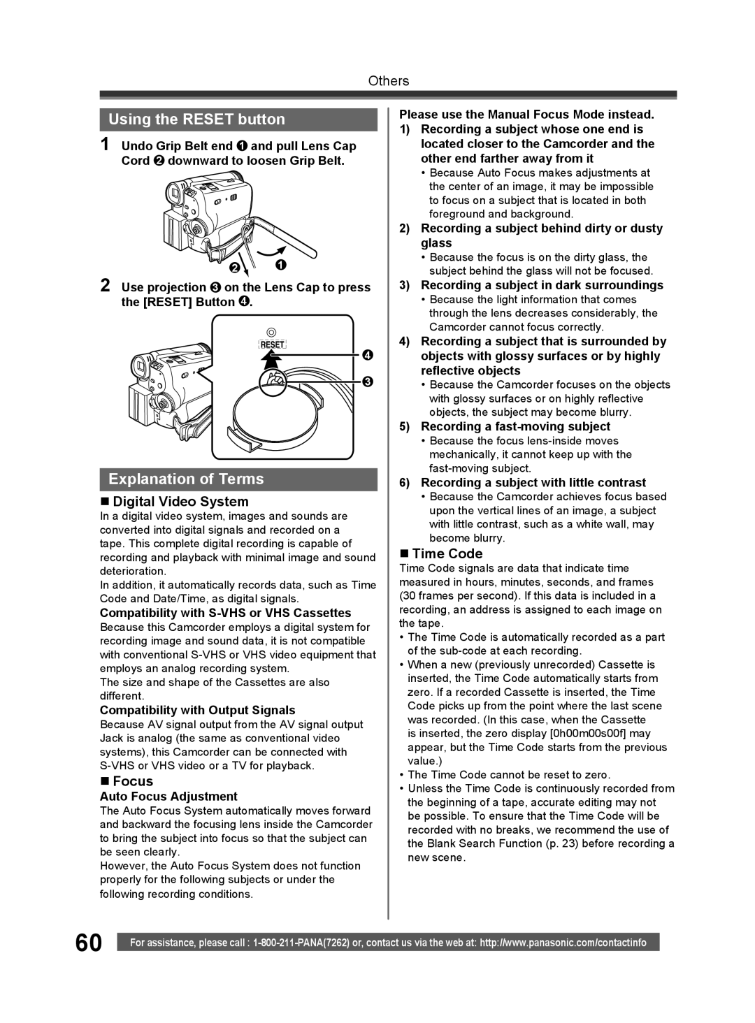 Panasonic PV-GS32 Using the Reset button, Explanation of Terms, „ Digital Video System, „ Focus, „ Time Code 