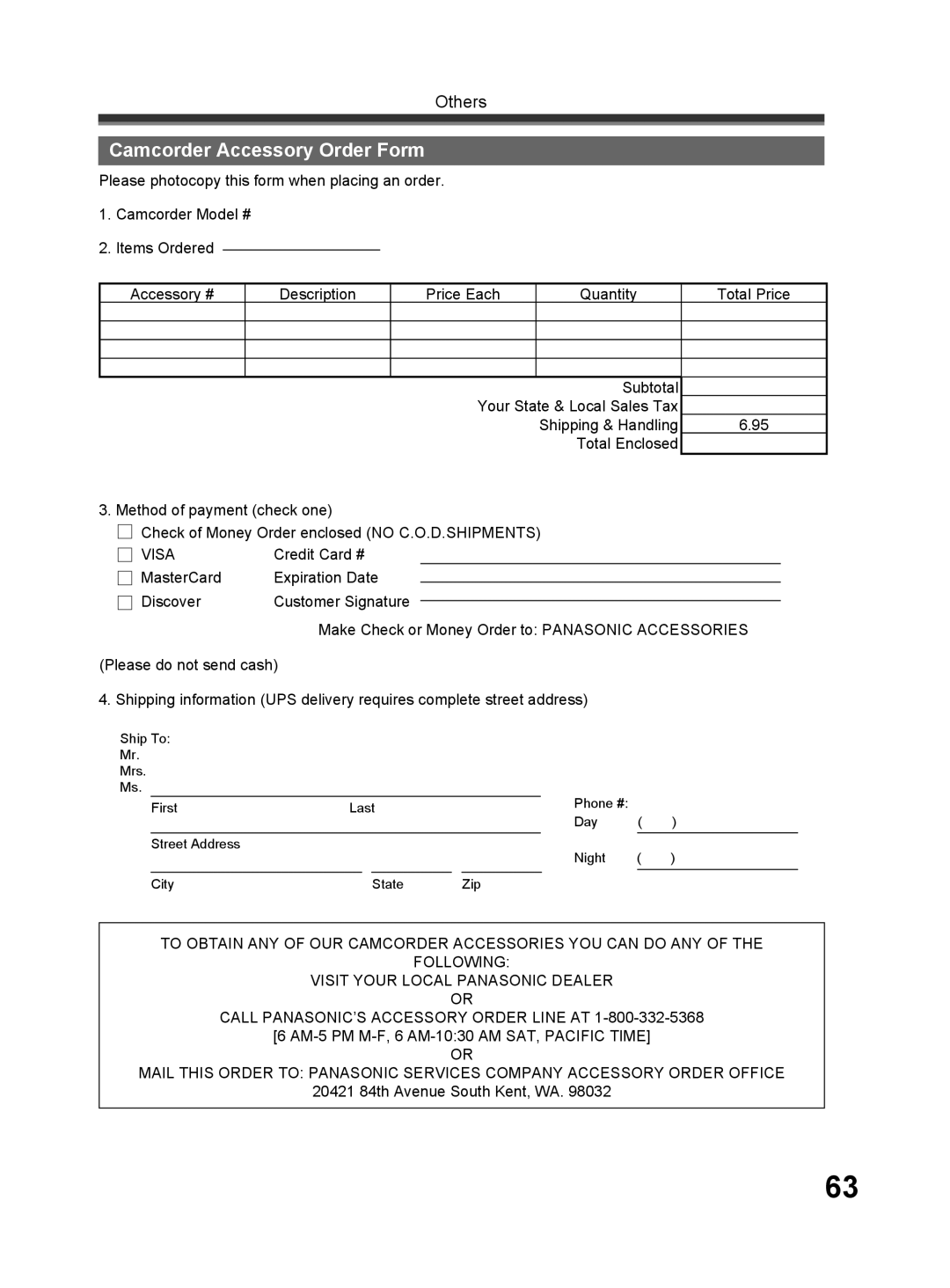 Panasonic PV-GS32 operating instructions Camcorder Accessory Order Form, Visa 