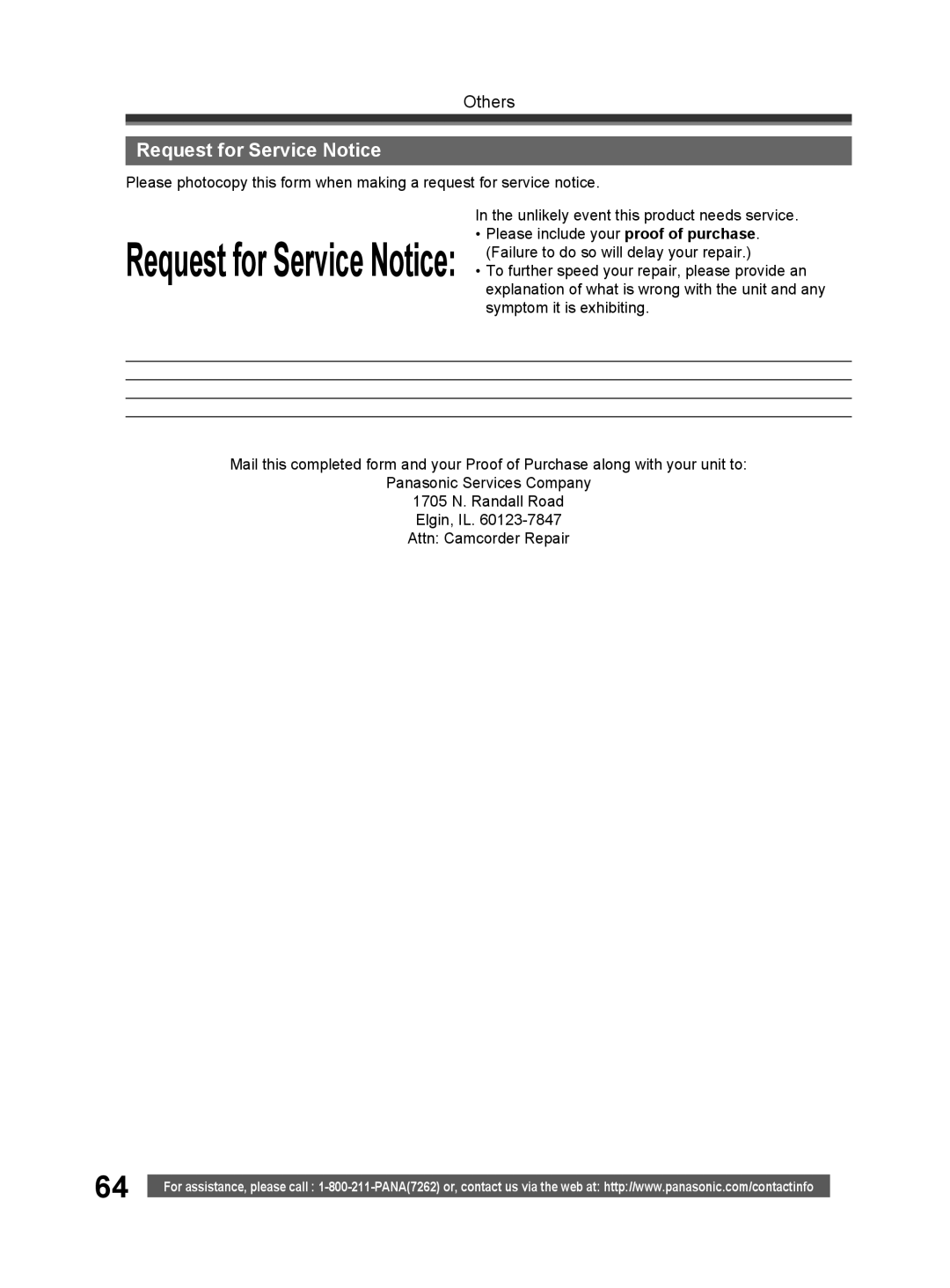 Panasonic PV-GS32 operating instructions Request for Service Notice 